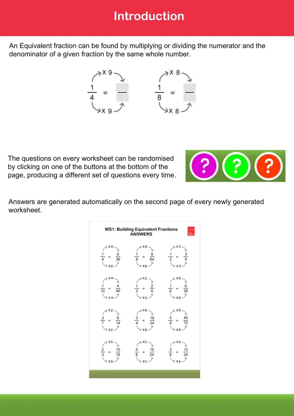 Equivalent fractions intro: multiply or divide numerator and denominator by the same number; sample WS1 answer page