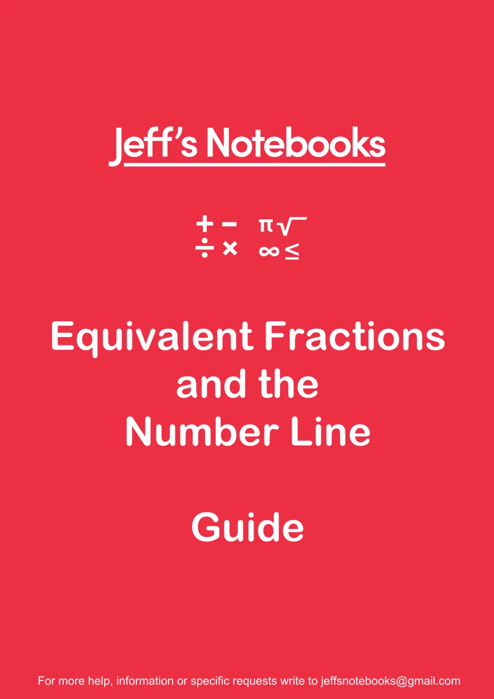 Jeff's Notebooks guide cover titled Equivalent Fractions and the Number Line, with a row of maths symbols