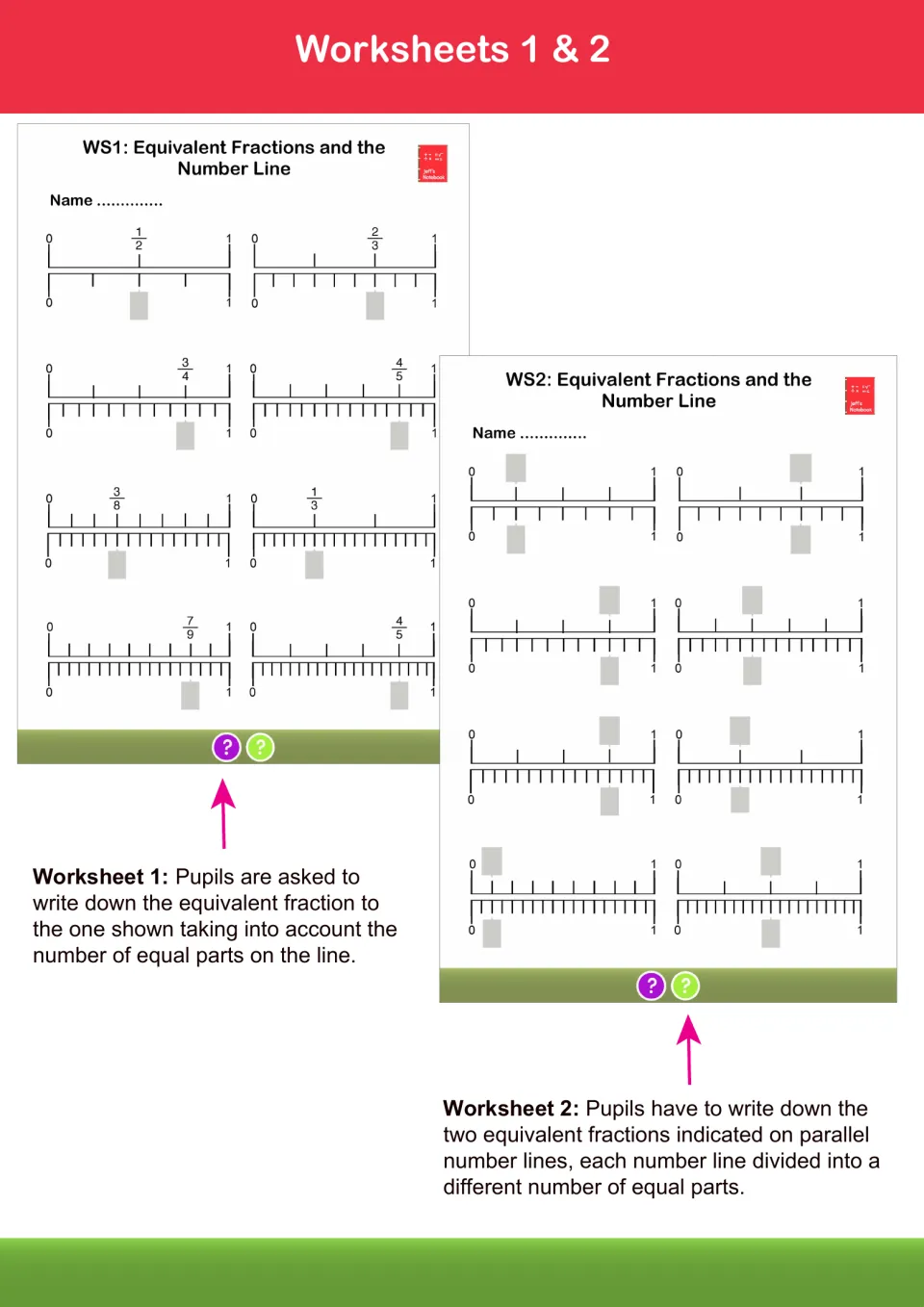 Worksheets 1 and 2 preview: students write the equivalent fraction for a marked point, or both fractions on paired lines