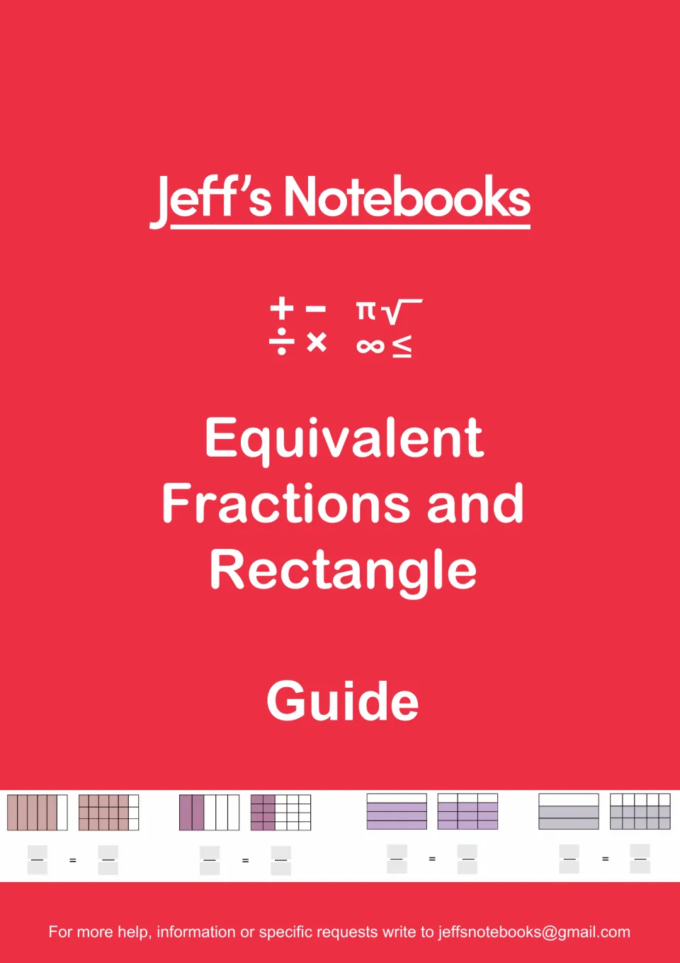 Equivalent Fractions and Rectangle Guide cover from Jeff's Notebooks, showing shaded rectangle pairs with blank fractions