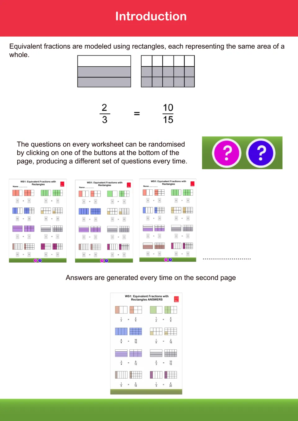 Introduction: rectangles model 2/3 = 10/15, with notes on randomising questions and sample worksheets plus an answer page