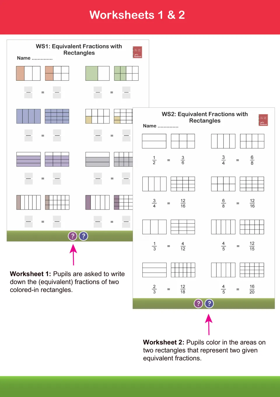 Worksheets 1 and 2 guide: students write equivalent fractions for shaded rectangle pairs, then shade rectangles to match