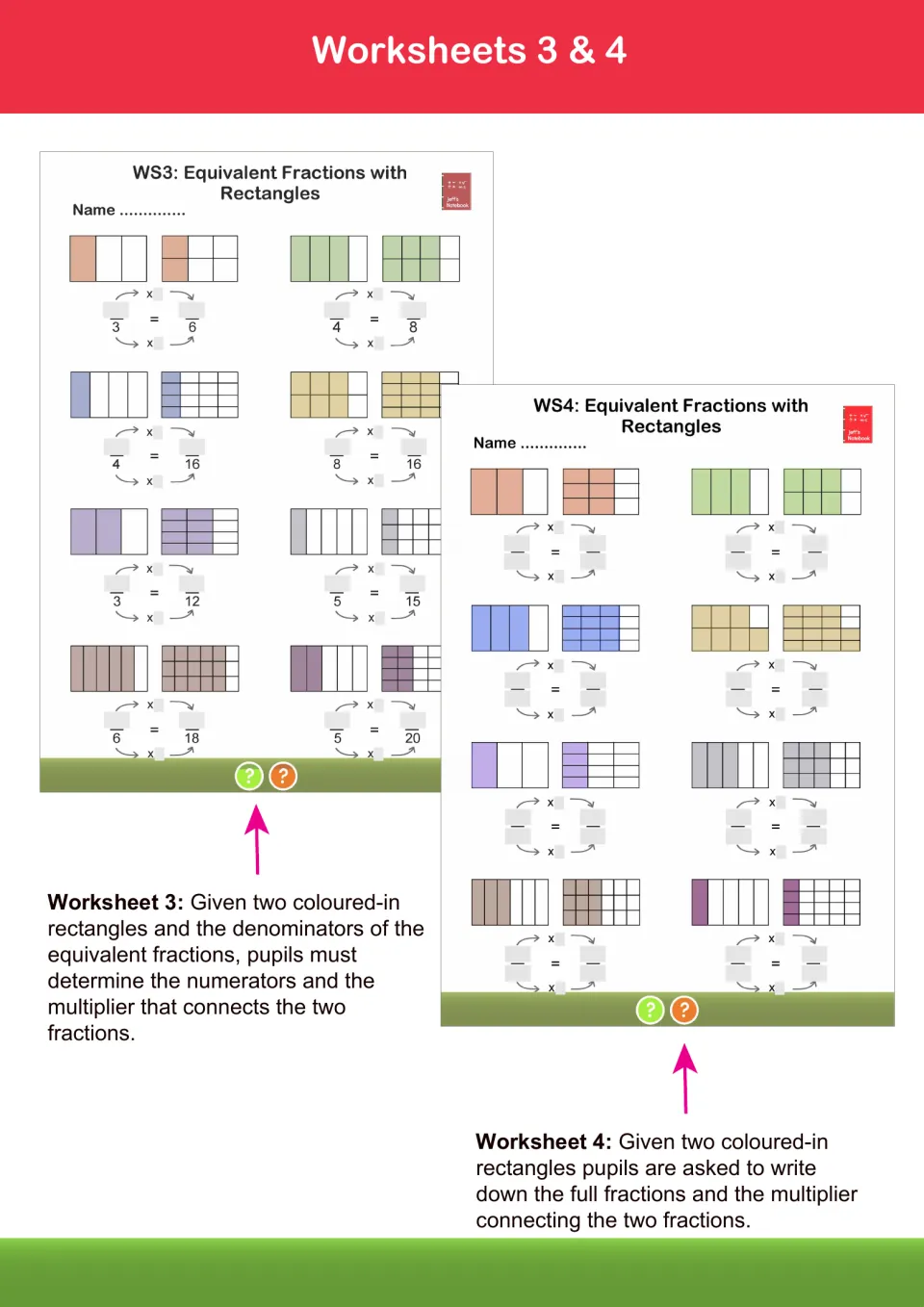 Worksheets 3 and 4 guide: students find missing numerators and the multiplier linking equivalent fractions of rectangles