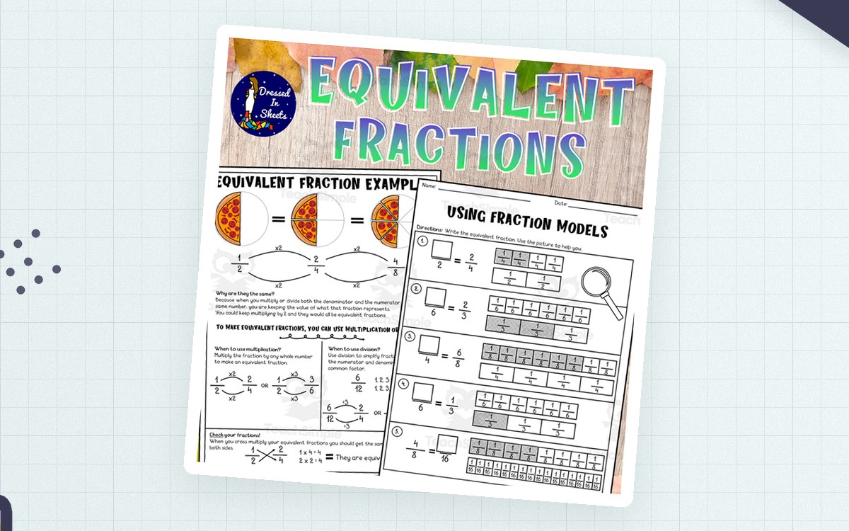 Equivalent Fractions Worksheets preview: 1-page equivalent fractions example/explanation sheet