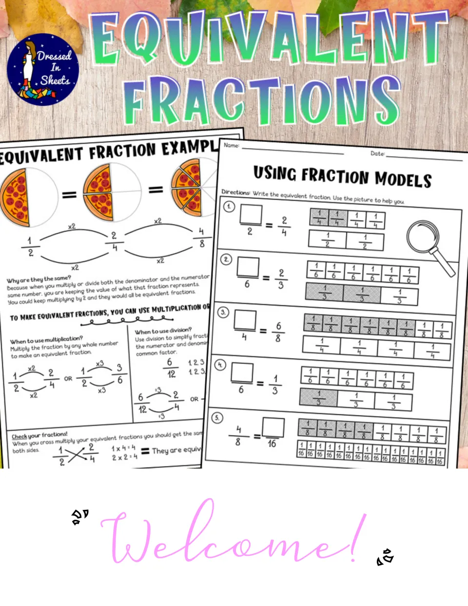 Equivalent Fractions cover previewing a pizza example sheet and the Using Fraction Models page, with a Welcome! note