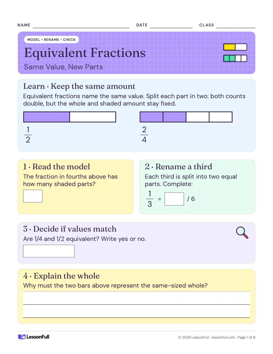Equivalent fractions with bar models: 1/2 and 2/4 shaded equally; students count shaded parts, rename a third and compare.