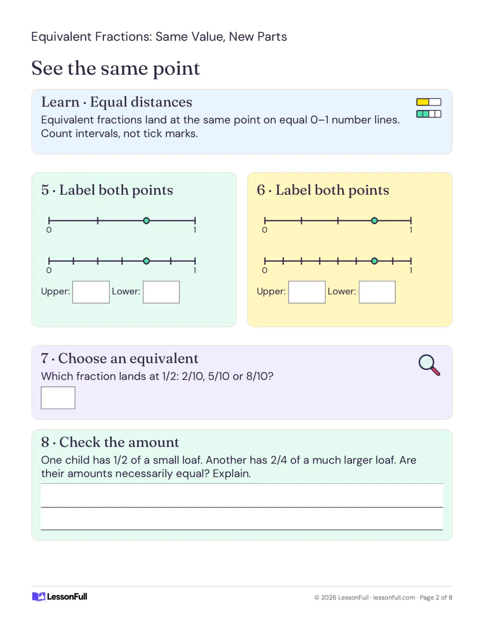 Equivalent fractions on number lines: students label matching points on paired 0-1 lines and choose a fraction equal to 1/2.