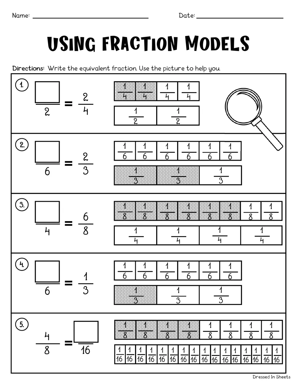 Using fraction models: students fill in the missing numerator in 5 problems using shaded fraction bars as visual help