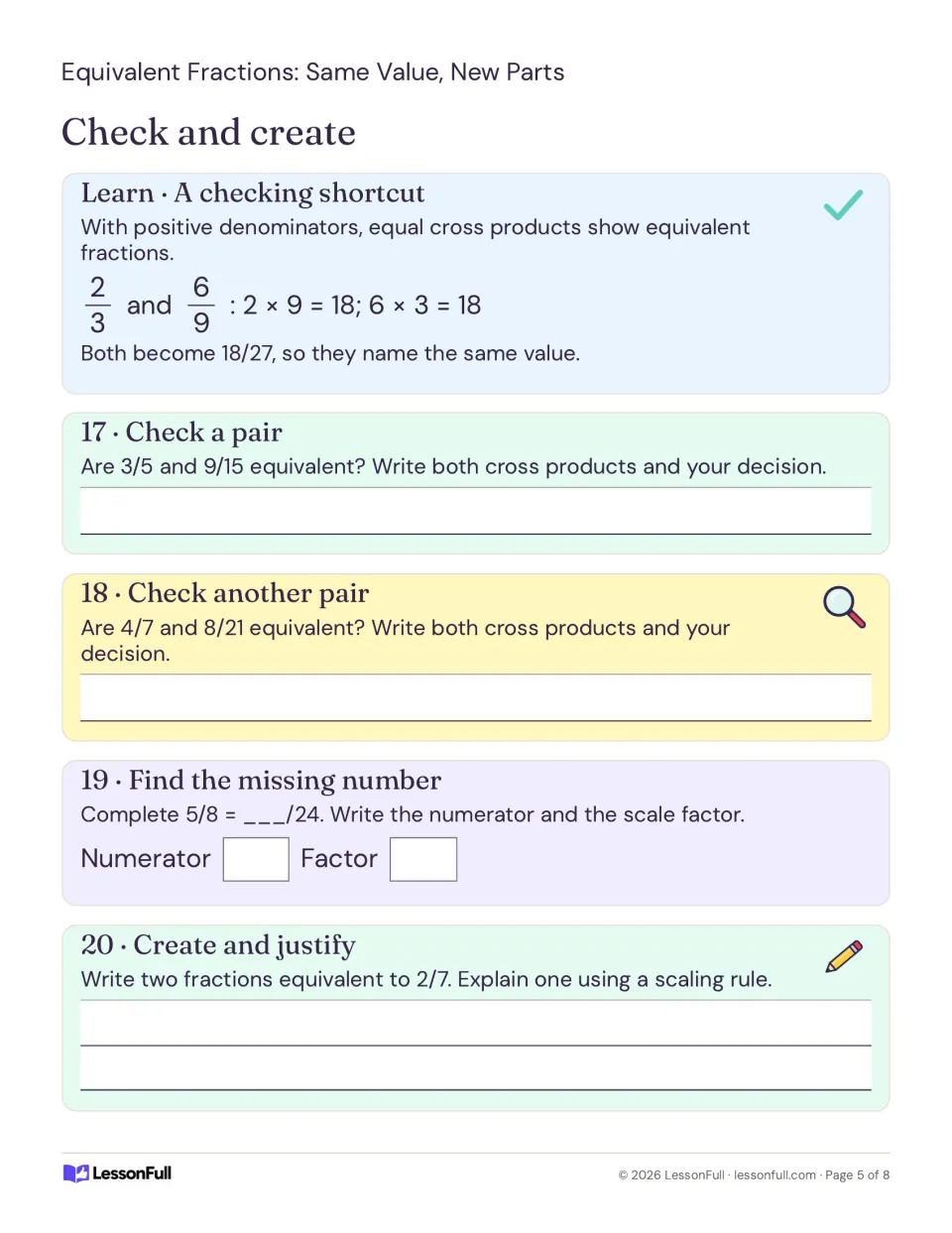 Checking equivalence with cross products: students test 3/5 and 9/15, find a missing numerator, and create fractions for 2/7.