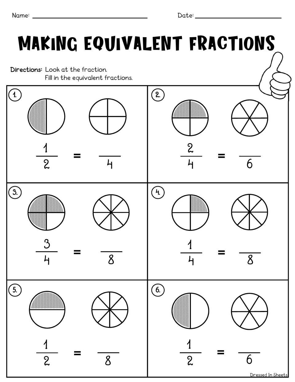 Making equivalent fractions: students complete 6 equations like 1/2 = _/4 using shaded circle models and blank circles
