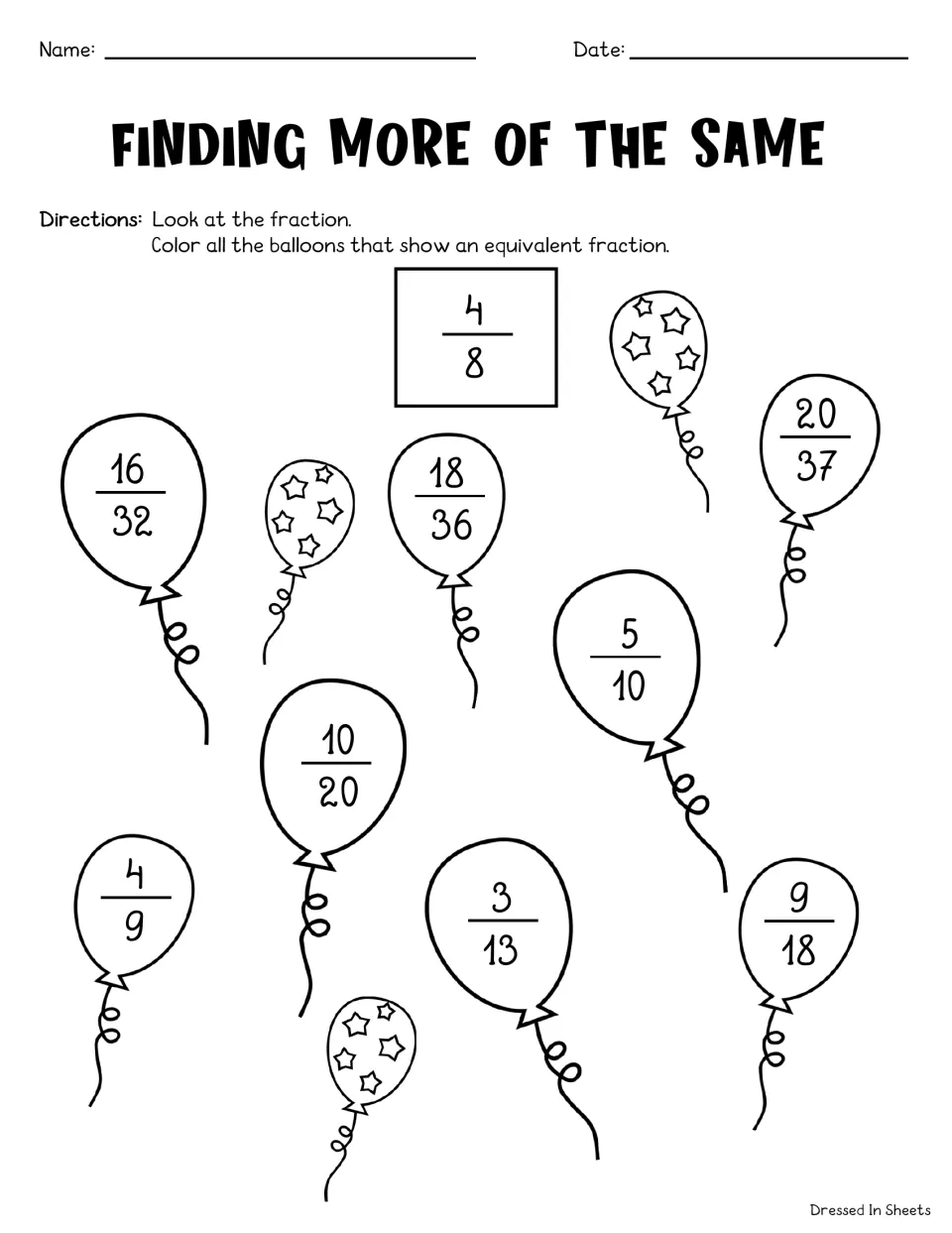 Finding more of the same: students color balloons showing fractions equivalent to 4/8, such as 16/32, 5/10 and 9/18