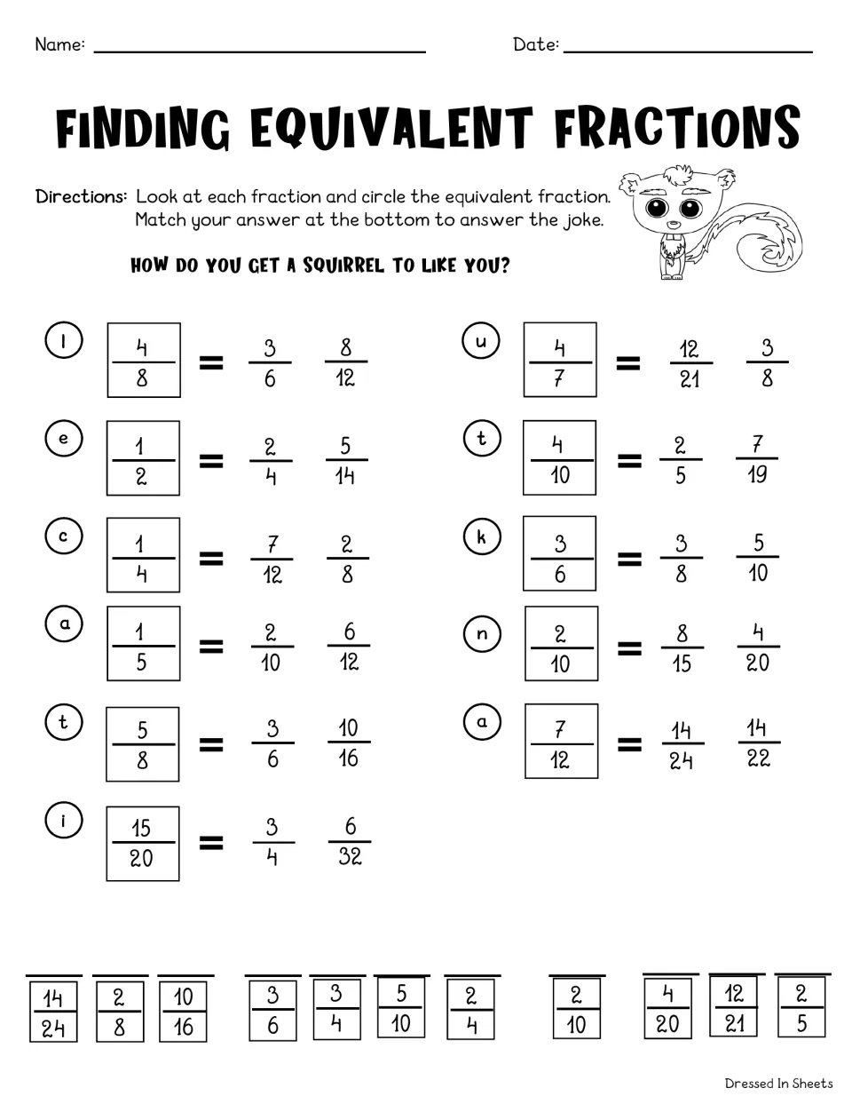 Finding equivalent fractions: students circle the match for 11 fractions and decode a squirrel joke from the letters