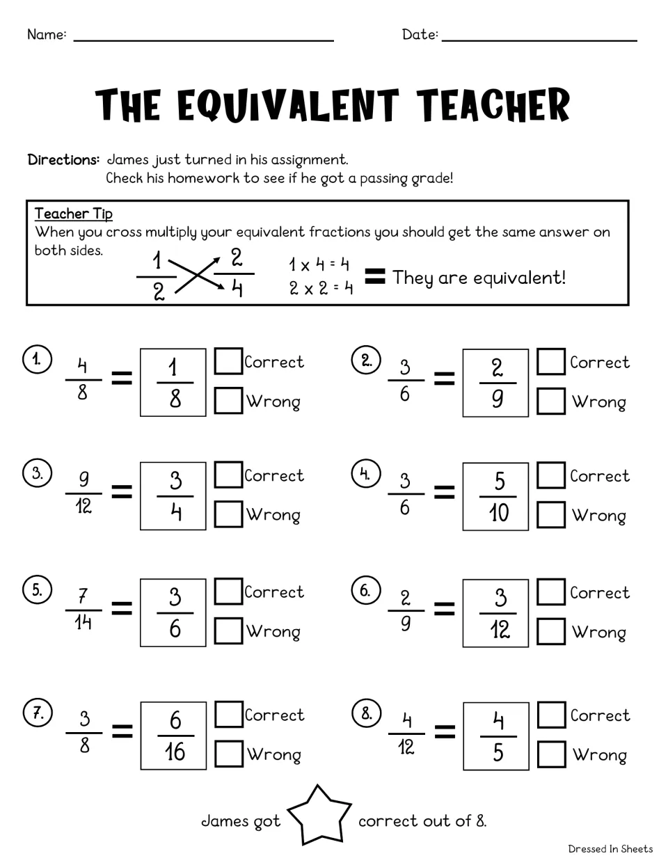 The equivalent teacher: students check 8 of James's fraction pairs with cross multiplication and mark each correct or wrong