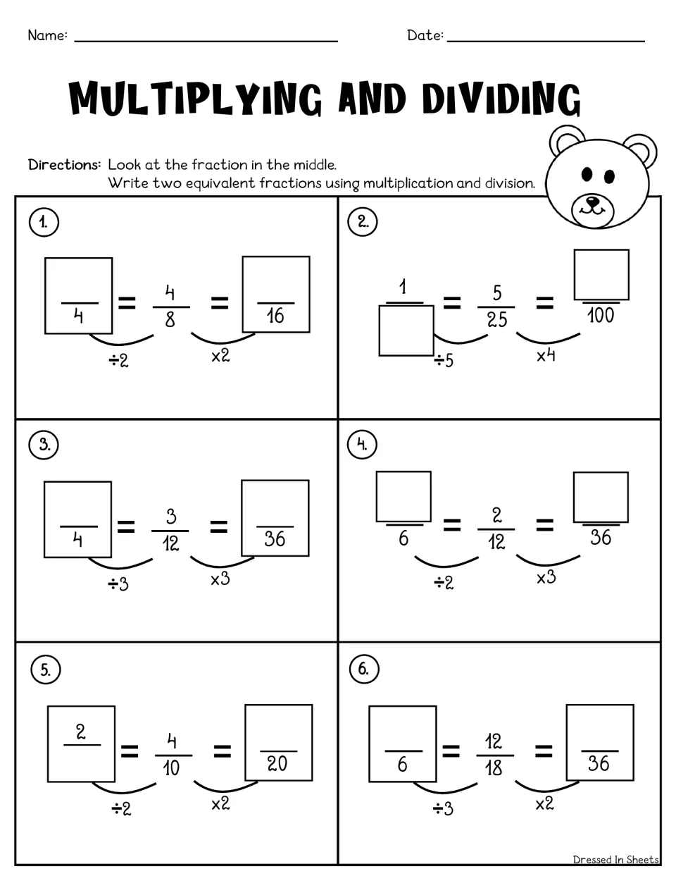 Multiplying and dividing: students write two equivalent fractions for each middle fraction using the ÷ and × steps shown