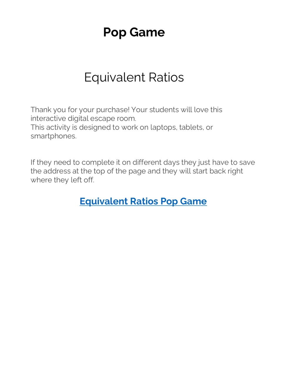 Equivalent Ratios Pop Game title page with device notes, a tip to save the page address, and a link to the digital game