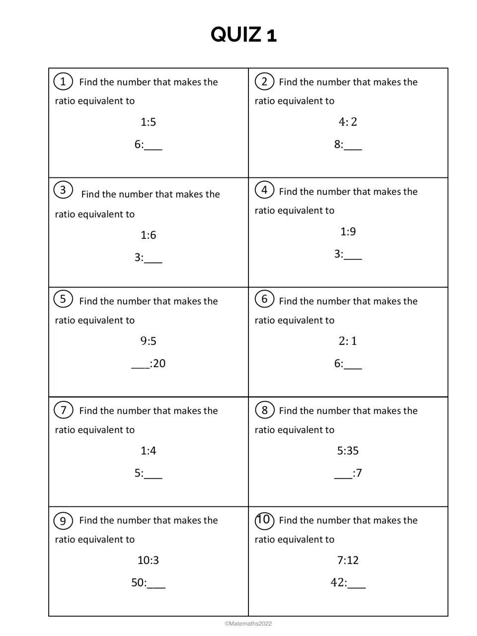 Quiz 1, problems 1-10: students find the missing number that makes each ratio equivalent, like 1:5 = 6:__ and 9:5 = __:20