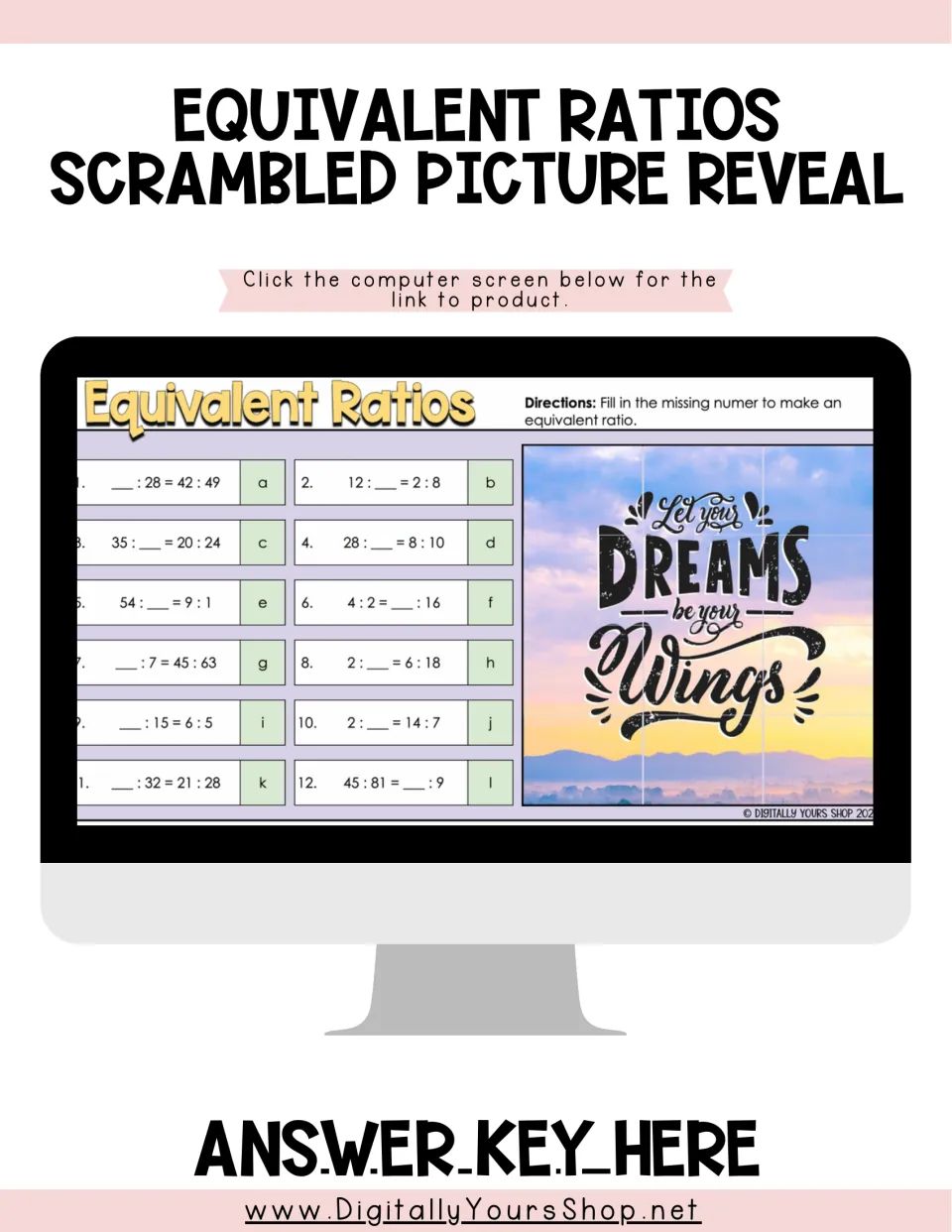 Access page for the 12-question equivalent ratios activity, with a picture reveal preview and answer key link.