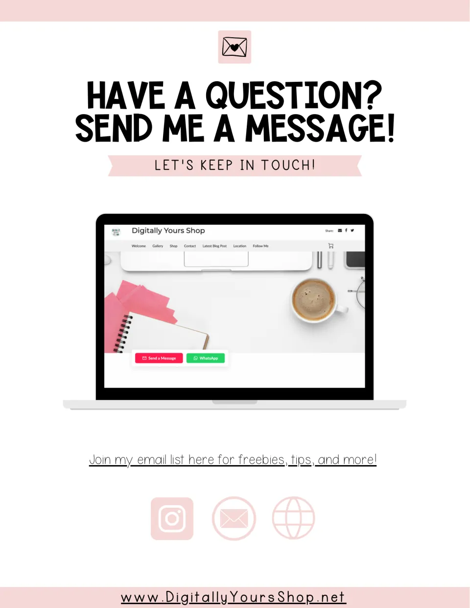 Contact page for the equivalent ratios resource, with a message invitation and email list and social links.