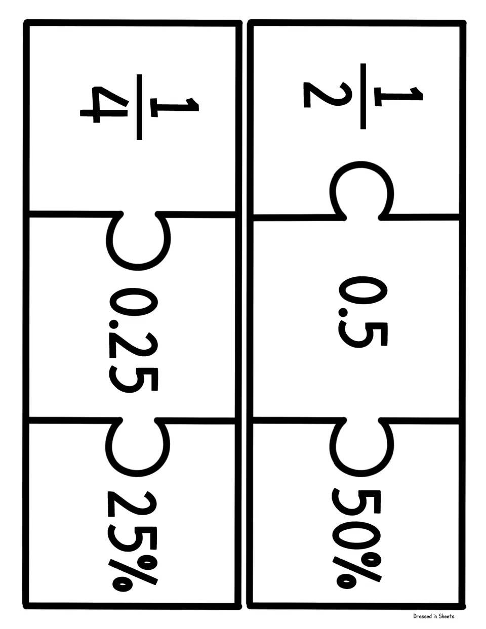 Equivalents puzzle pieces: students cut out and join three-part puzzles matching 1/2, 0.5, 50% and 1/4, 0.25, 25%