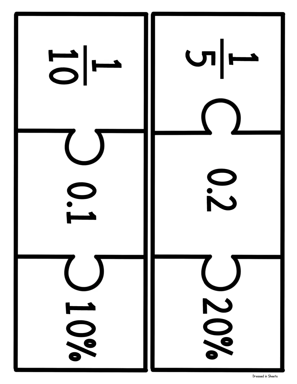 Three-part puzzle strips to cut apart and match: 1/5 with 0.2 and 20%, and 1/10 with 0.1 and 10%
