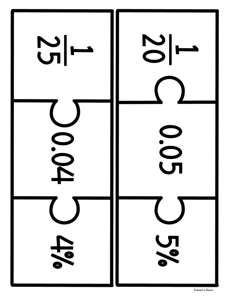 Matching puzzle for small-value equivalents: 1/20 joins 0.05 and 5%, and 1/25 joins 0.04 and 4% once pieces are cut