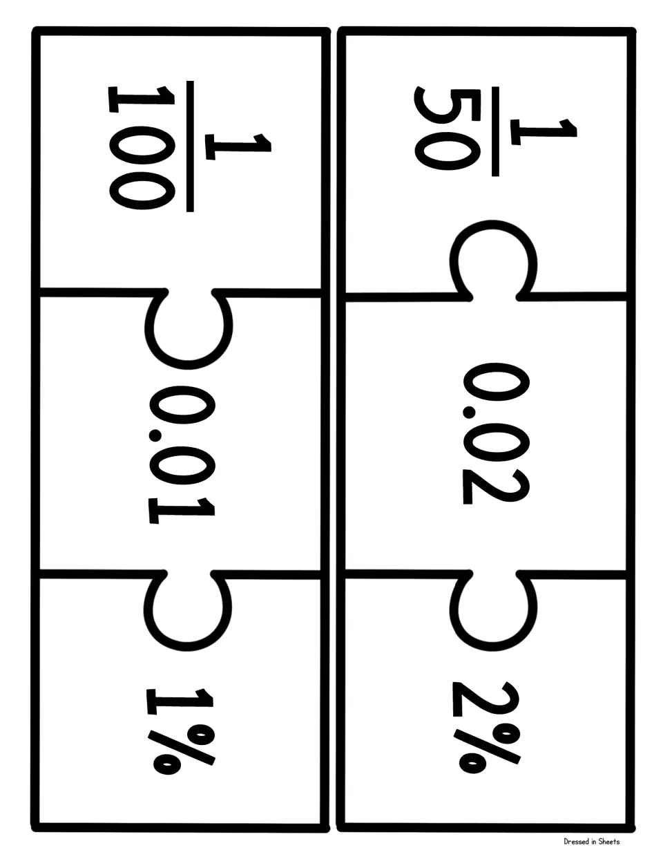 Hundredths puzzle cards: students cut and match 1/50 with 0.02 and 2%, and 1/100 with 0.01 and 1%