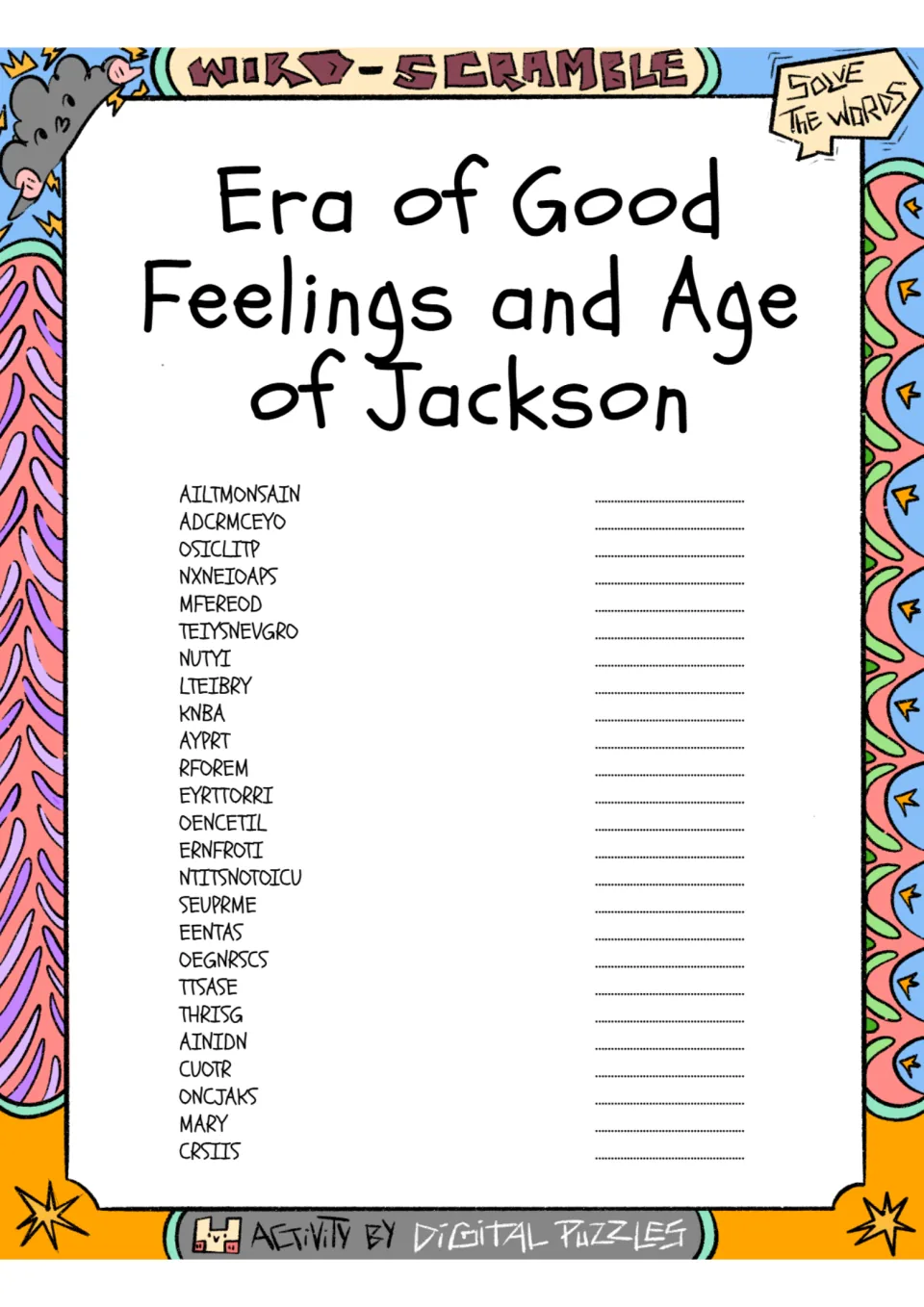 Age of Jackson word scramble: students unscramble 25 history terms such as AILTMONSAIN, KNBA and ONCJAKS