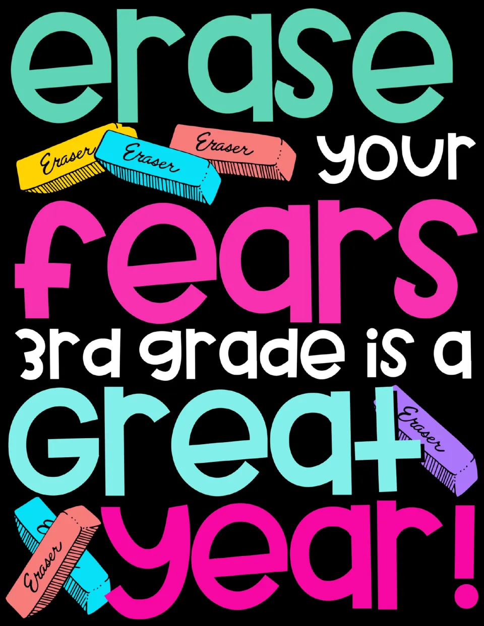 Poster reading 'Erase your fears, 3rd grade is a great year!' in bright letters with colorful eraser clip art
