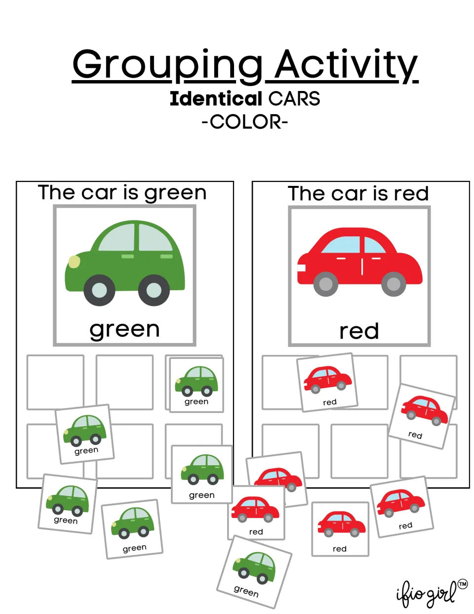 Cover of the car color-grouping activity showing green and red sorting mats with matching labeled car cards.