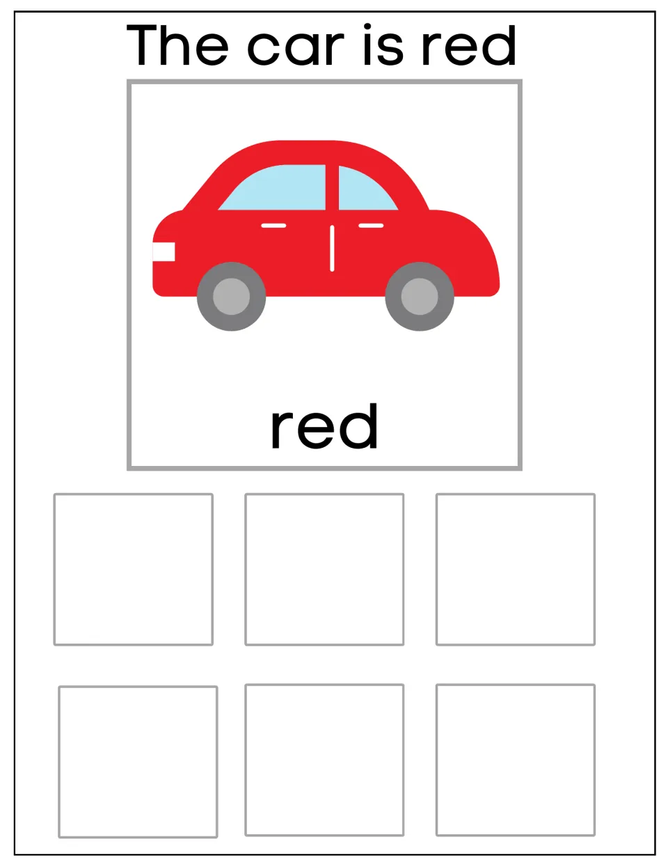 Red car sorting mat labeled 'The car is red' and 'red', for grouping six matching car cards by color.