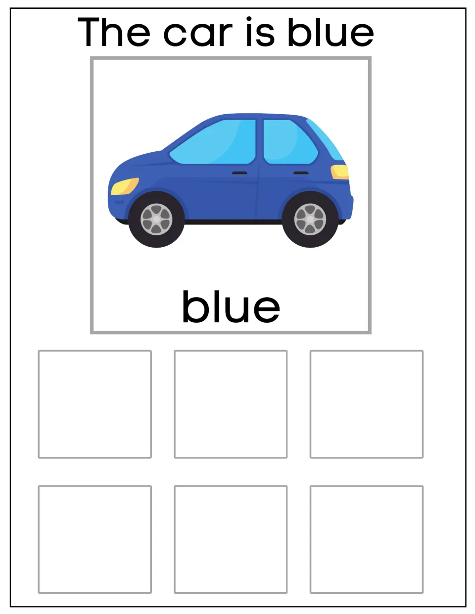 Blue car sorting mat labeled 'The car is blue' and 'blue', for grouping six matching car cards by color.