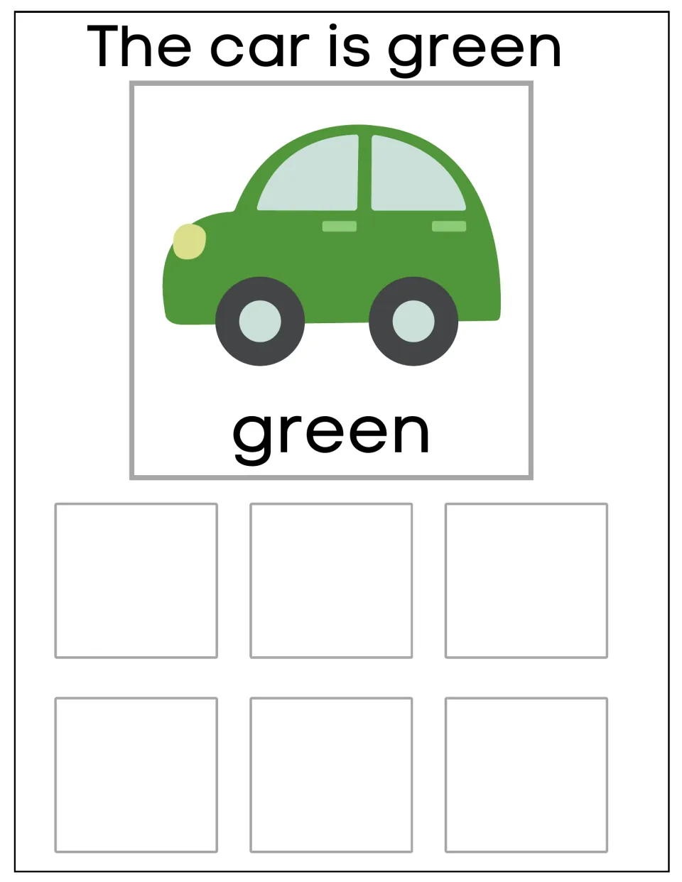 Green car sorting mat labeled 'The car is green' and 'green', for grouping six matching car cards by color.