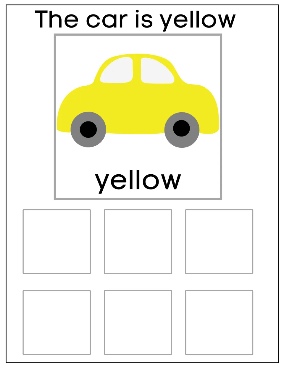 Yellow car sorting mat labeled 'The car is yellow' and 'yellow', for grouping six matching car cards by color.