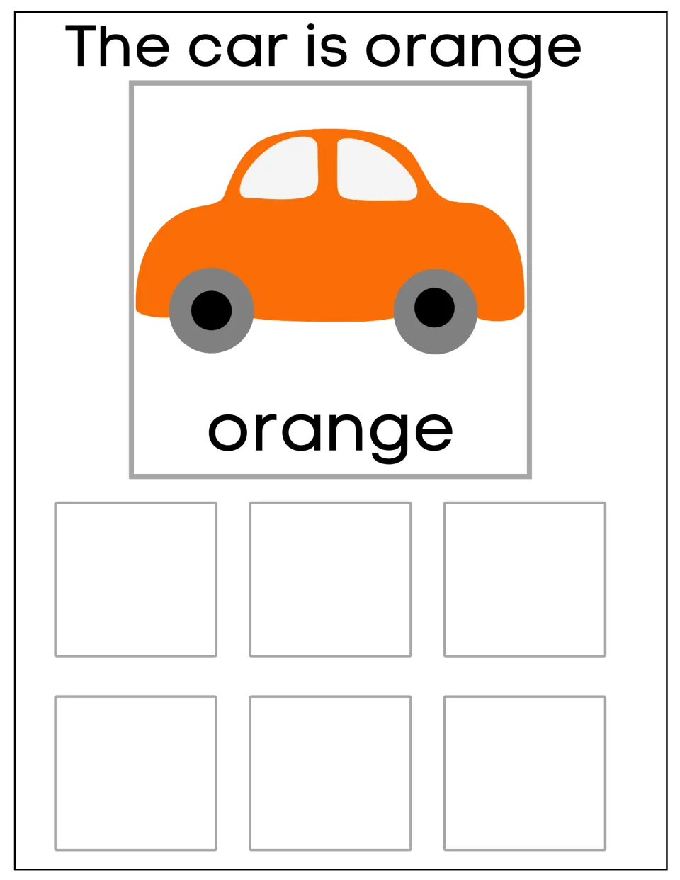 Orange car sorting mat labeled 'The car is orange' and 'orange', for grouping six matching car cards by color.