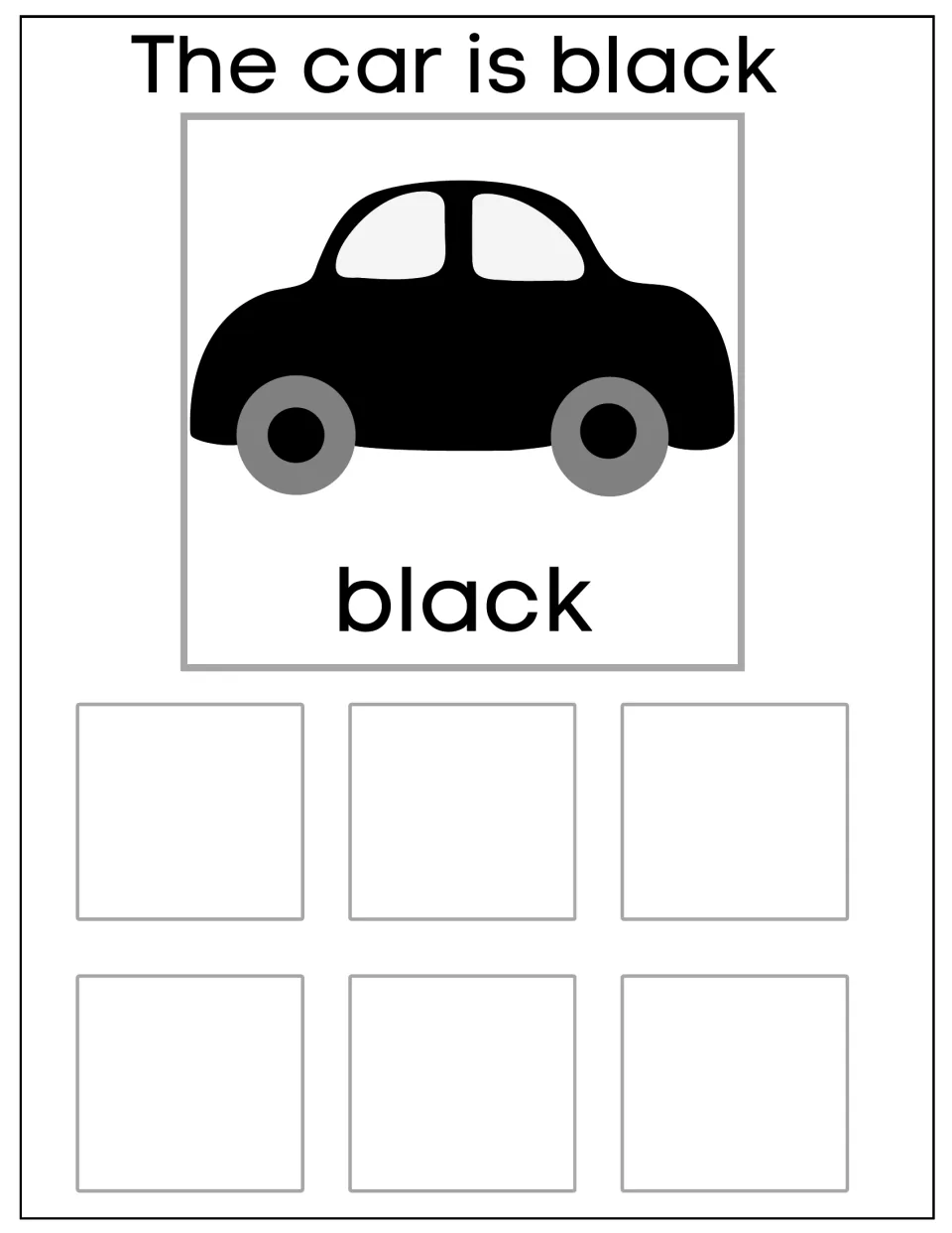 Black car sorting mat labeled 'The car is black' and 'black', for grouping six matching car cards by color.