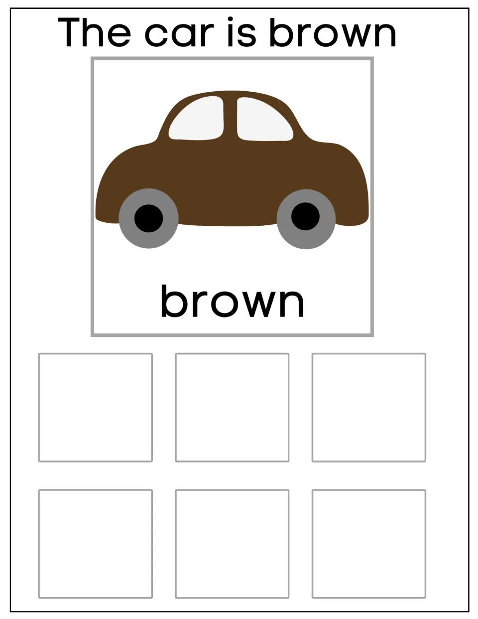 Brown car sorting mat labeled 'The car is brown' and 'brown', for grouping six matching car cards by color.