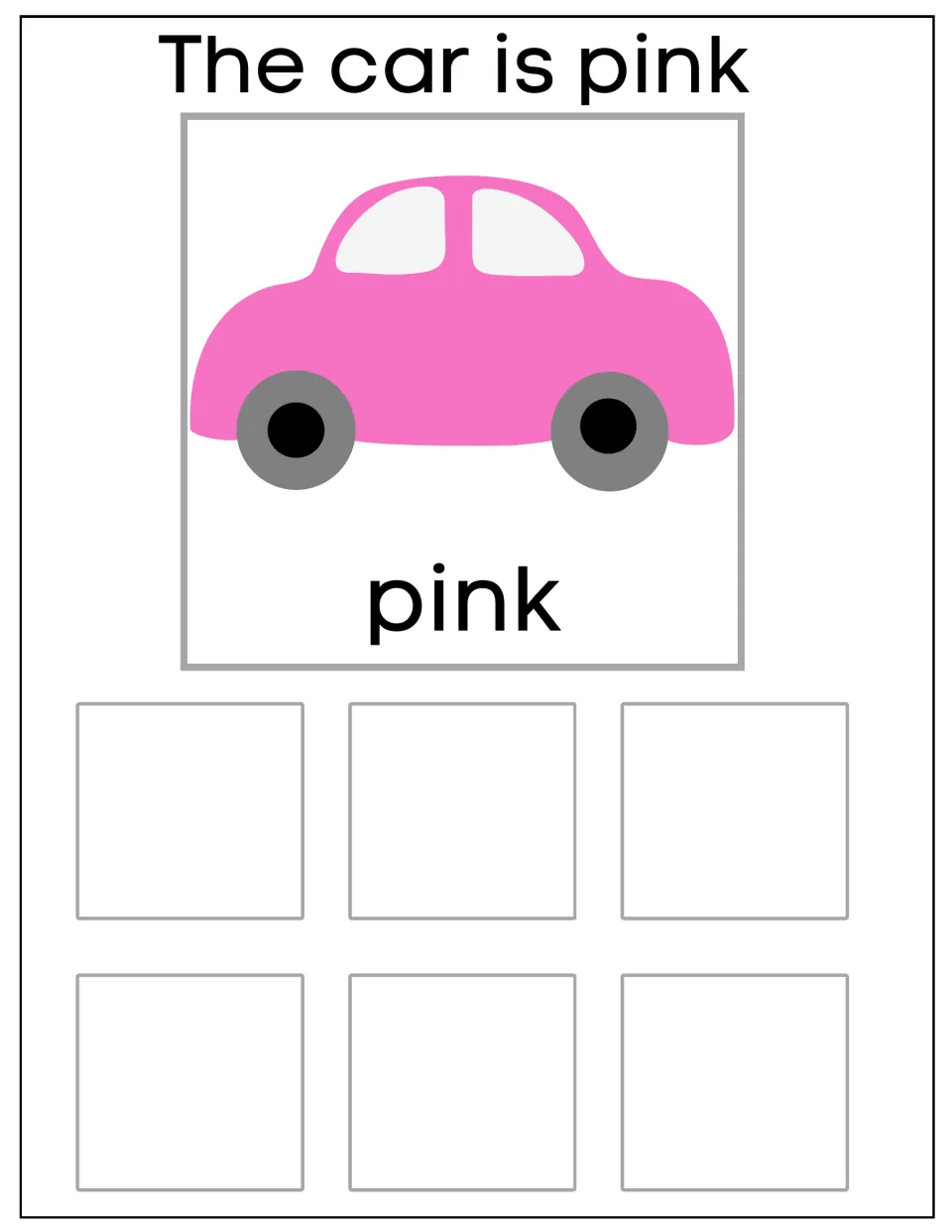 Pink car sorting mat labeled 'The car is pink' and 'pink', for grouping six matching car cards by color.