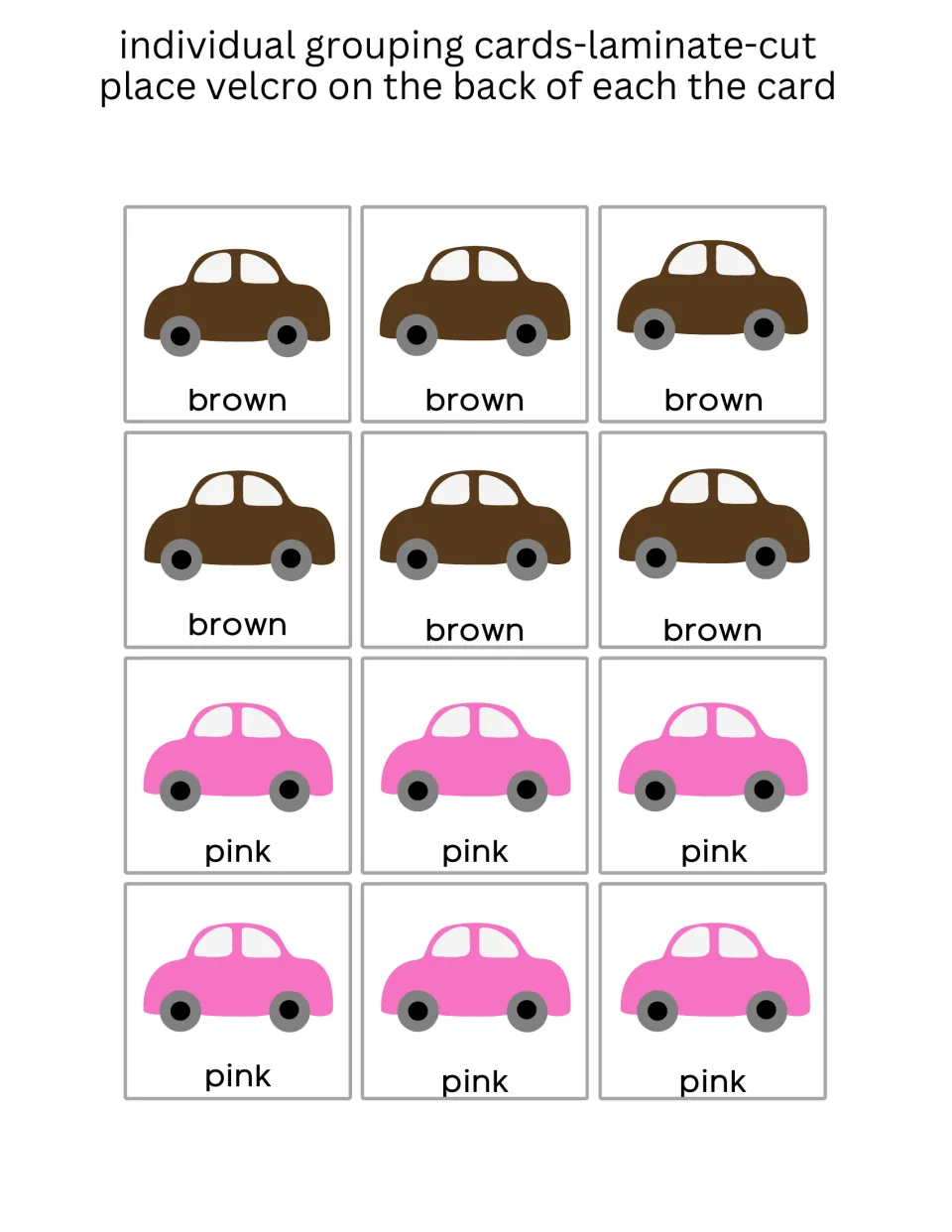 Car sorting card sheet with six brown cars labeled 'brown' and six pink cars labeled 'pink' to cut apart.