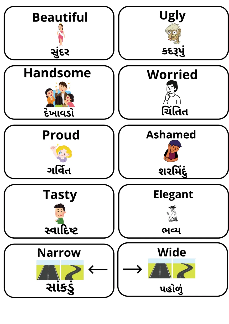 Gujarati adjective cards with English words: beautiful/ugly, handsome/worried, proud/ashamed, tasty/elegant, narrow/wide