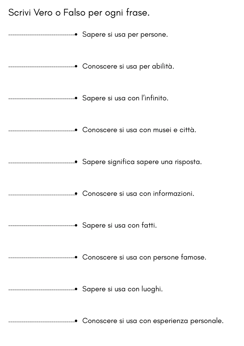 Sapere vs. conoscere usage rules: students mark 10 statements Vero or Falso, e.g. Sapere si usa con l'infinito