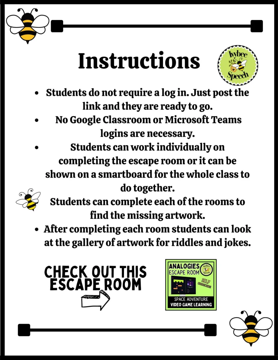 Instructions: post the link with no login; students solve each room to find missing artwork, then view a riddle gallery