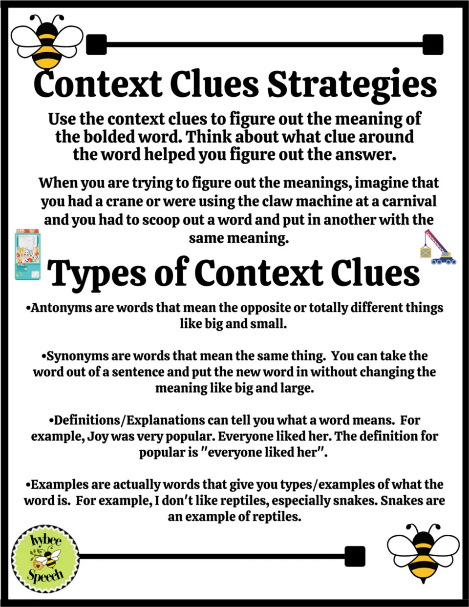 Context clues strategies: students review antonym, synonym, definition and example clues with sample sentences