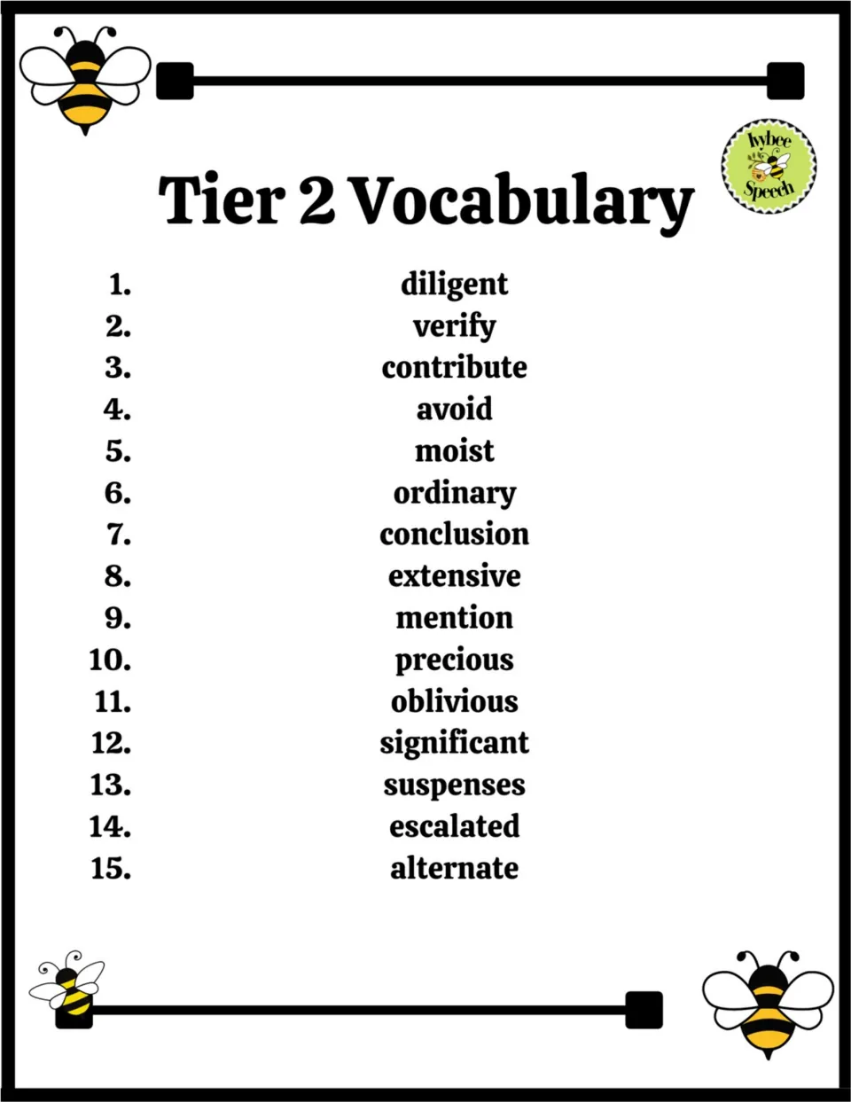 Tier 2 vocabulary: 15 numbered words to learn, including diligent, verify, oblivious, significant and alternate