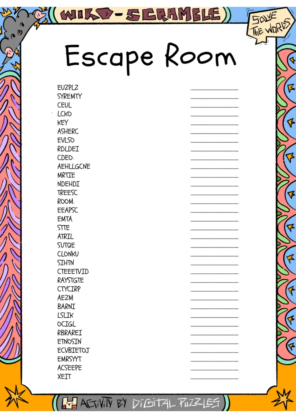 Escape room word scramble activity with 34 entries, including EUZPLZ, SYREMTY, CEUL, LCKO, and KEY.