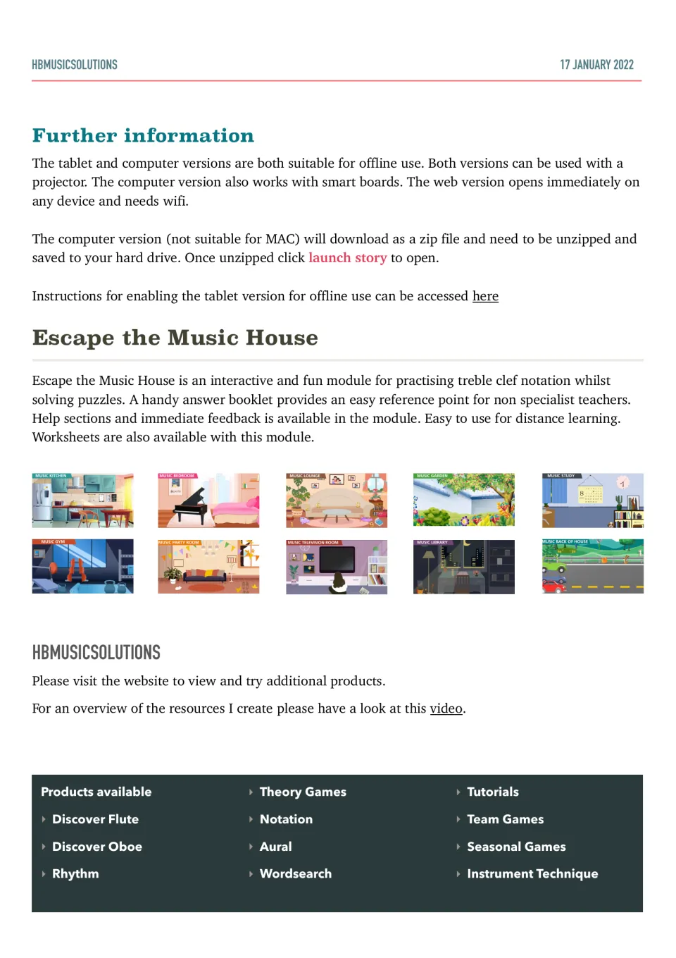 Setup notes for offline, projector and smart board use, a summary of the treble clef module and thumbnails of all 10 rooms