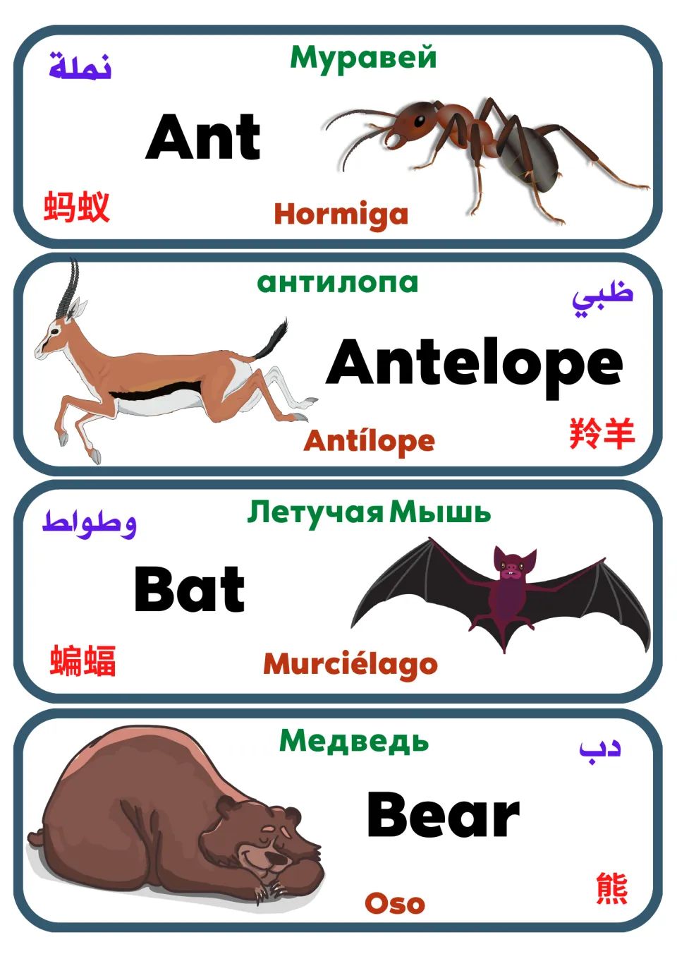 Multilingual animal flashcards 1–4: ant, antelope, bat, and bear, each pictured and named in five languages.