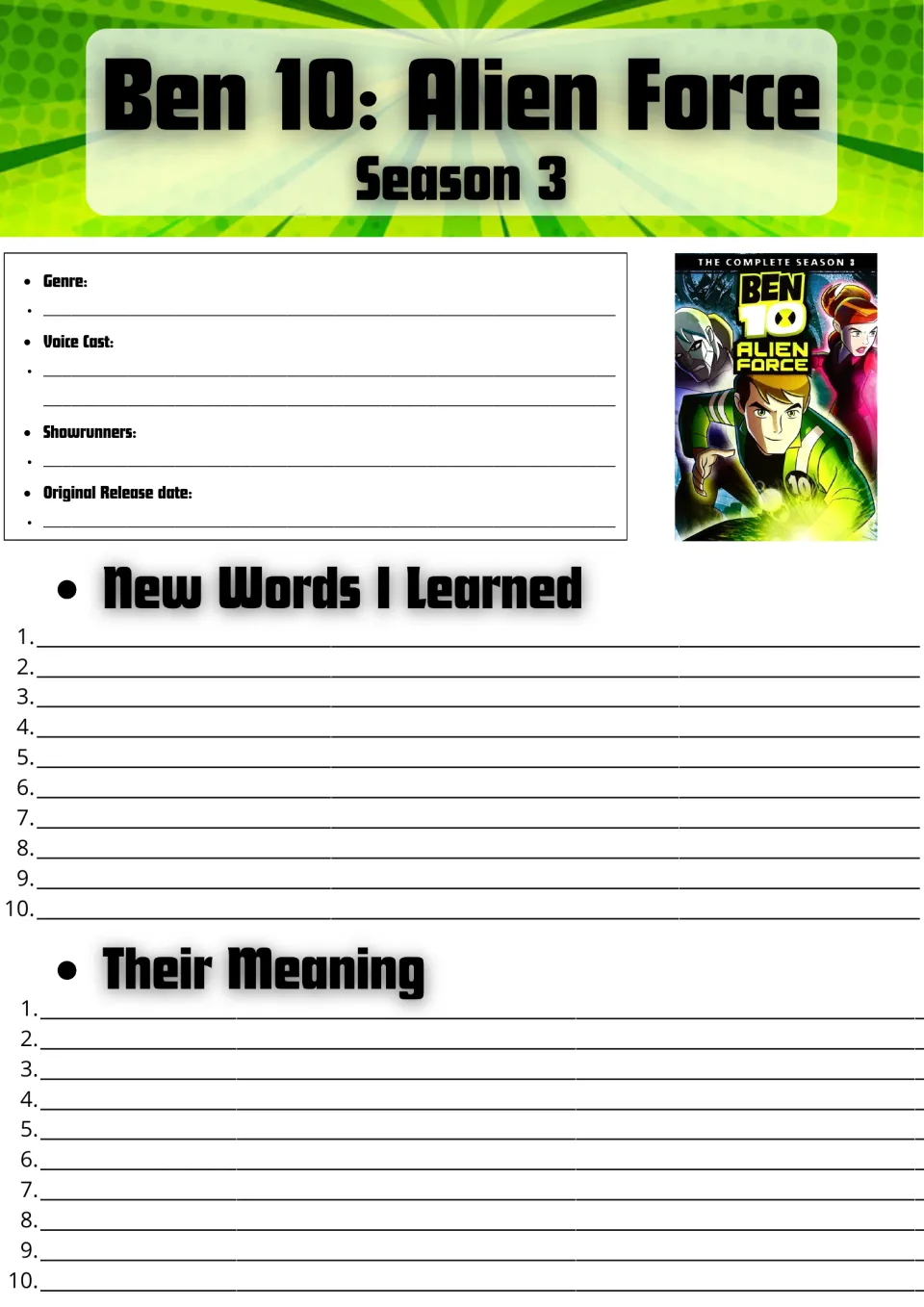 Ben 10: Alien Force Season 3 facts: students note genre, voice cast and showrunners, then list 10 new words and meanings