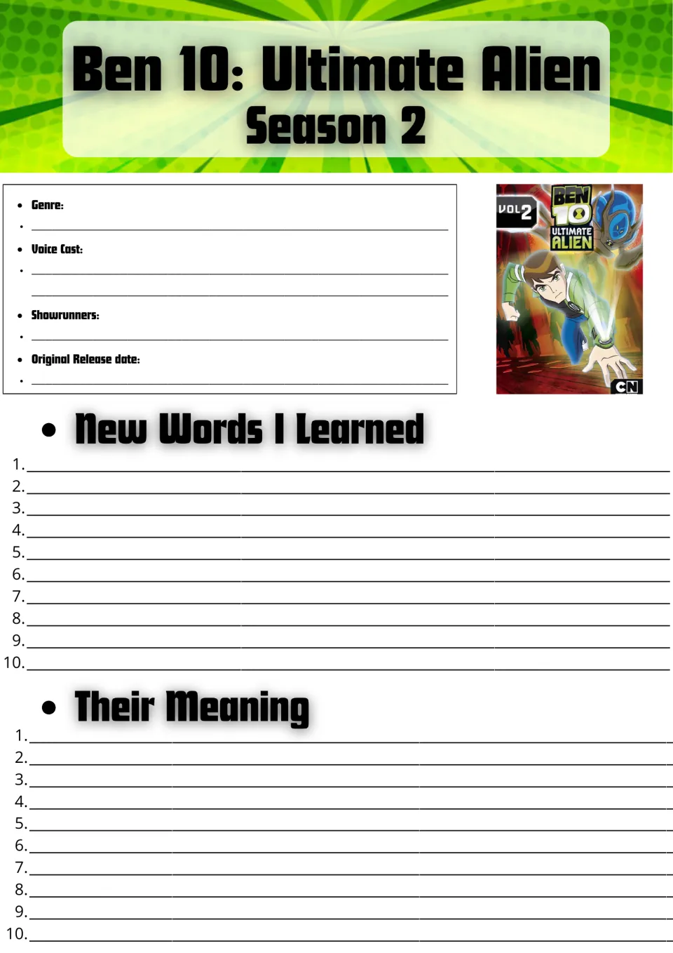 Ben 10: Ultimate Alien Season 2 fact file: students note genre, voice cast and release date, then list 10 new words