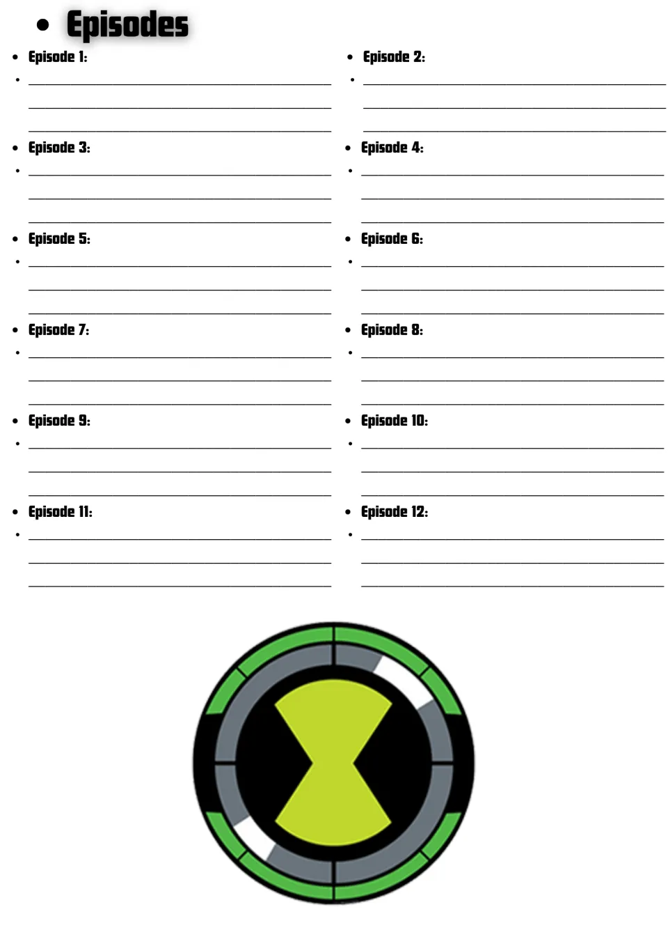 Episode notes for Season 2: students record what happens in each of Episodes 1 to 12 as they watch, with an Omnitrix logo
