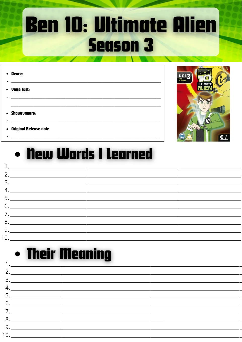 Ben 10: Ultimate Alien Season 3 fact sheet: students note genre, voice cast, release date and 10 new words with meanings